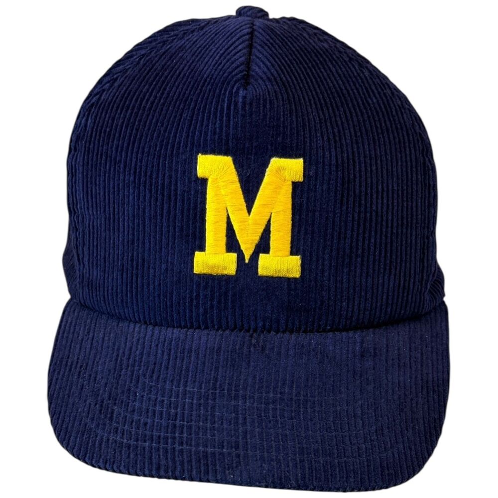 Vintage University of Michigan Corduroy Snapback Hat Block M Logo Navy Blue